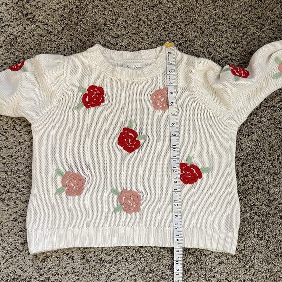 Women's White Pink Rose Embroidered Rose Flowers Cropped Sweater Twee Cottage M - Picture 8 of 8